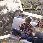 Old photo of children playing outside next to modern photo of children playing inside on electronic devices.