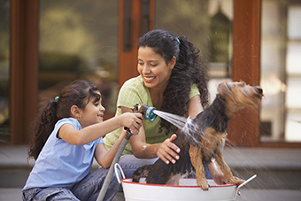 Mom and daughter washing dog
